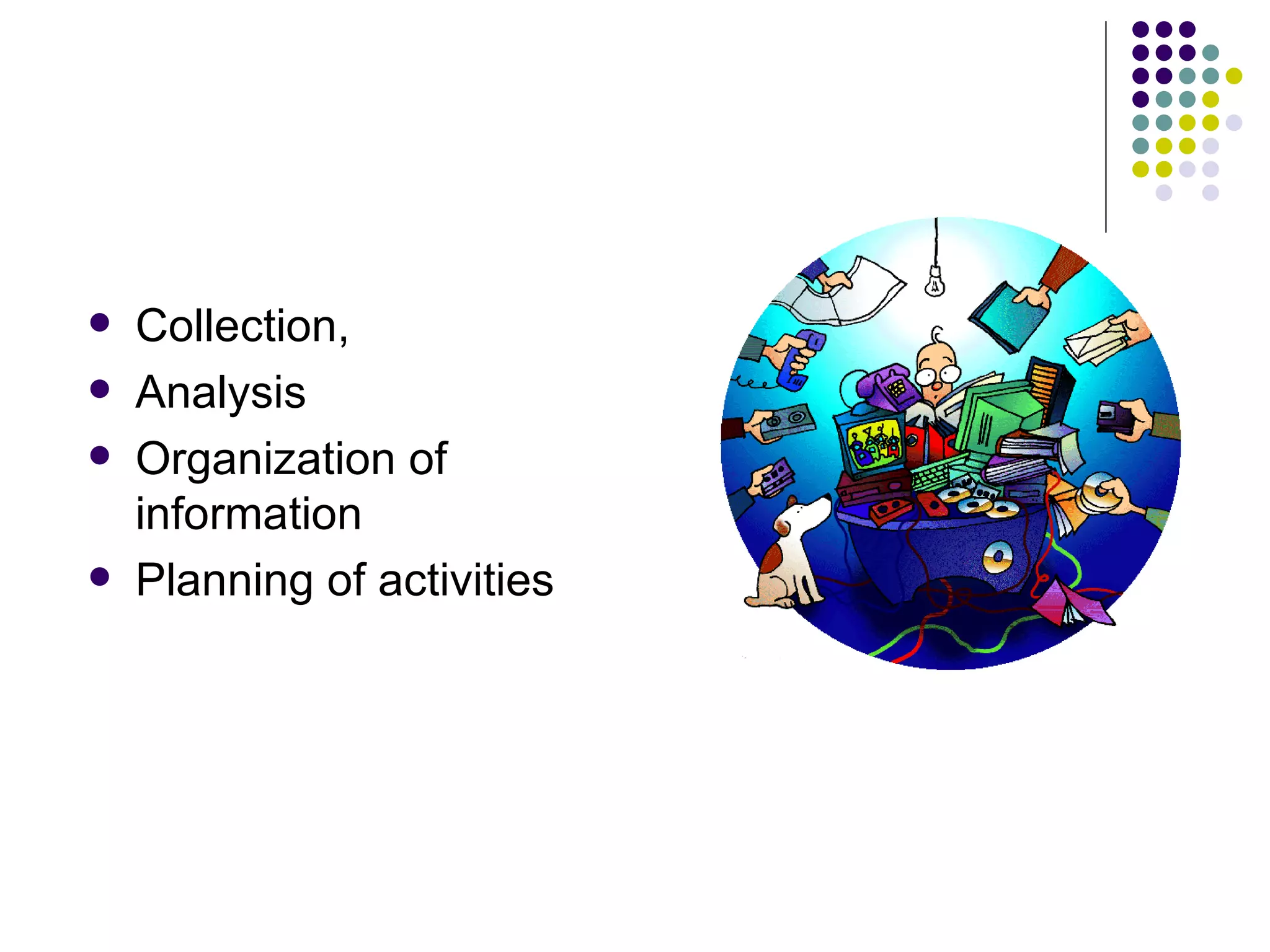    Collection,
   Analysis
   Organization of
    information
   Planning of activities
 