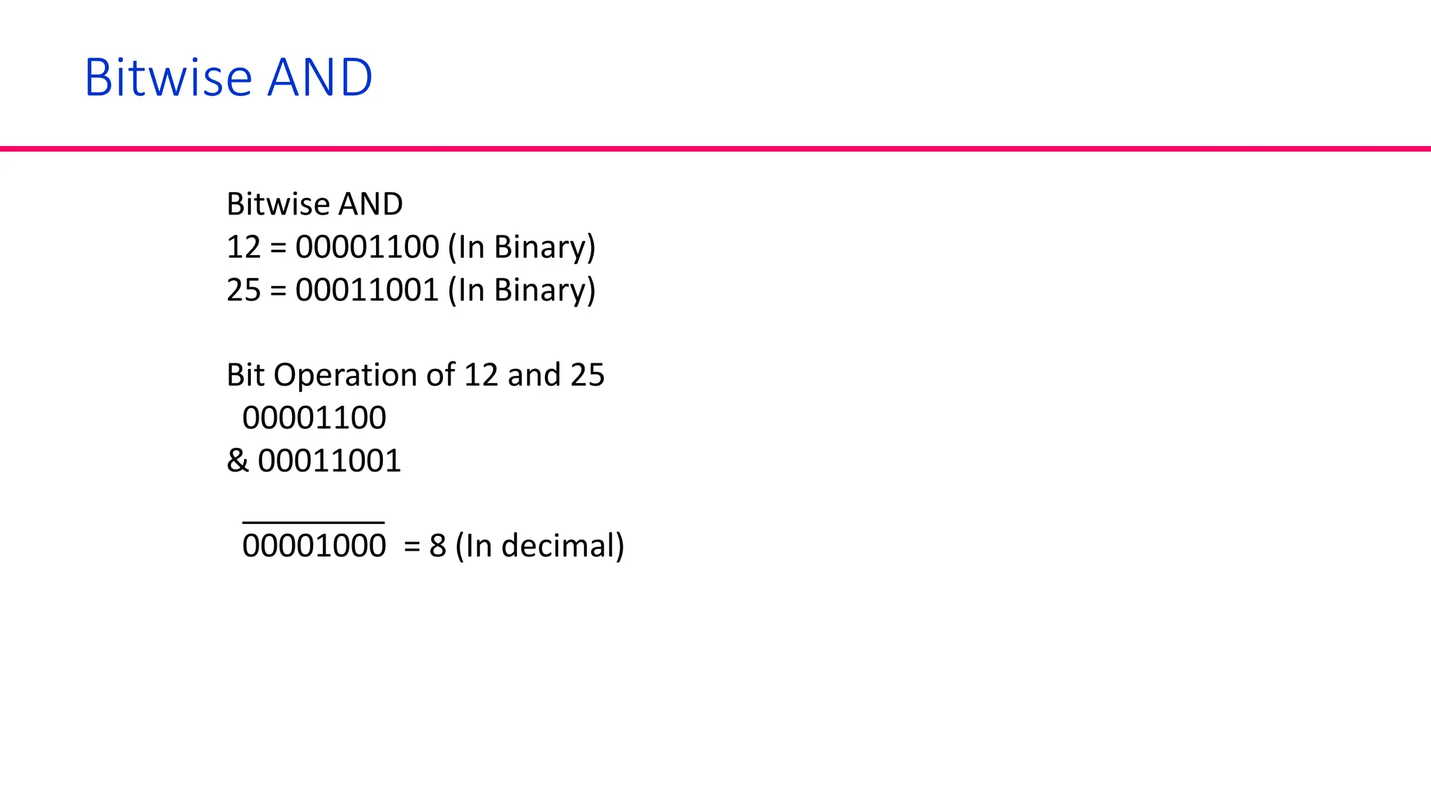 Bitwise AND
Bitwise AND
12 = 00001100 (In Binary)
25 = 00011001 (In Binary)
Bit Operation of 12 and 25
00001100
& 00011001
00001000 = 8 (In decimal)
 