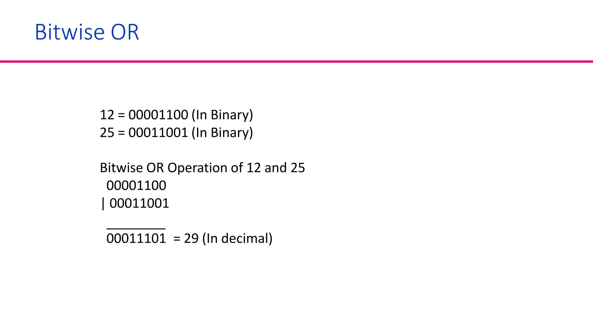 Bitwise OR
12 = 00001100 (In Binary)
25 = 00011001 (In Binary)
Bitwise OR Operation of 12 and 25
00001100
| 00011001
00011101 = 29 (In decimal)
 