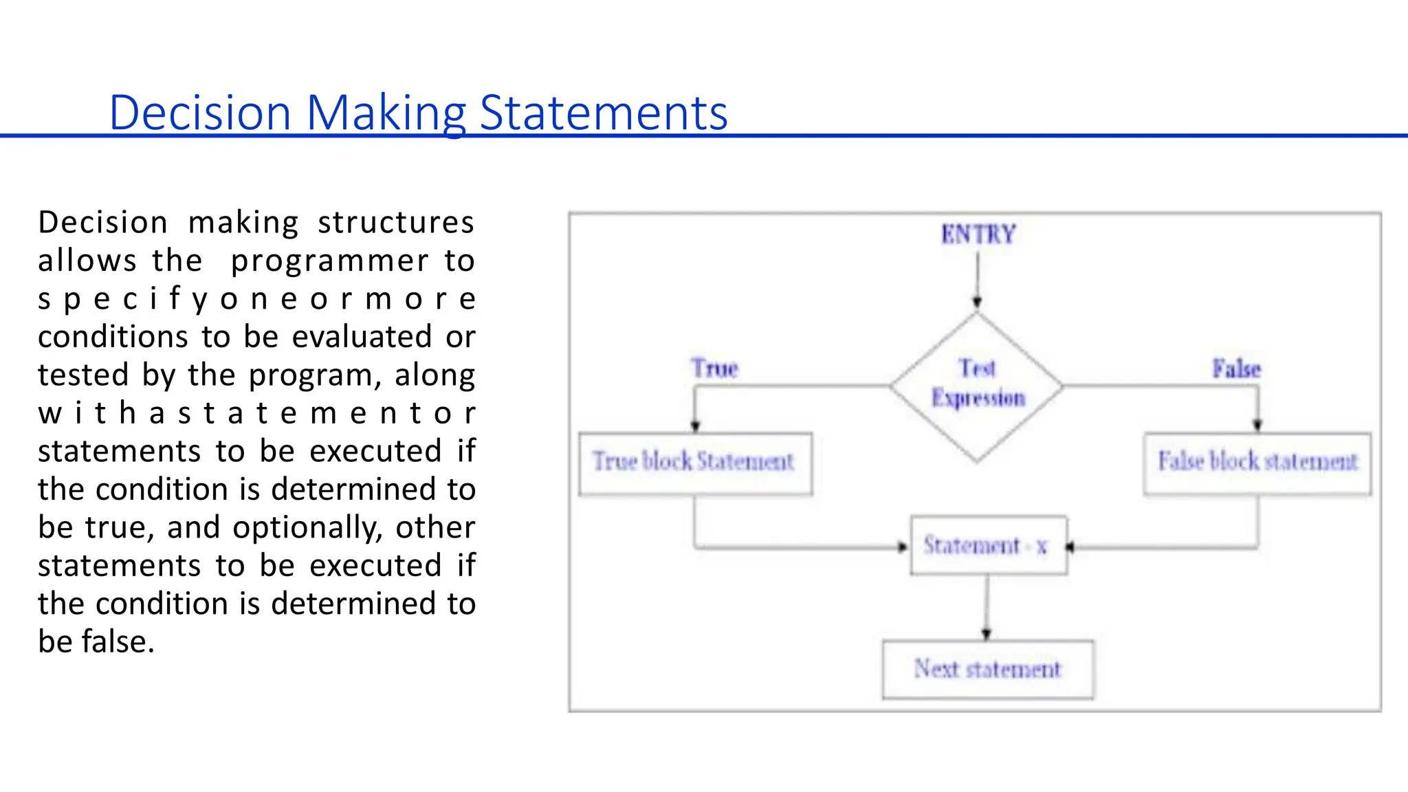 Decision Making Statements
Decision making structures
allows the programmer to
s p e c i f y o n e o r m o r e
conditions to be evaluated or
tested by the program, along
w i t h a s t a t e m e n t o r
statements to be executed if
the condition is determined to
be true, and optionally, other
statements to be executed if
the condition is determined to
be false.
 