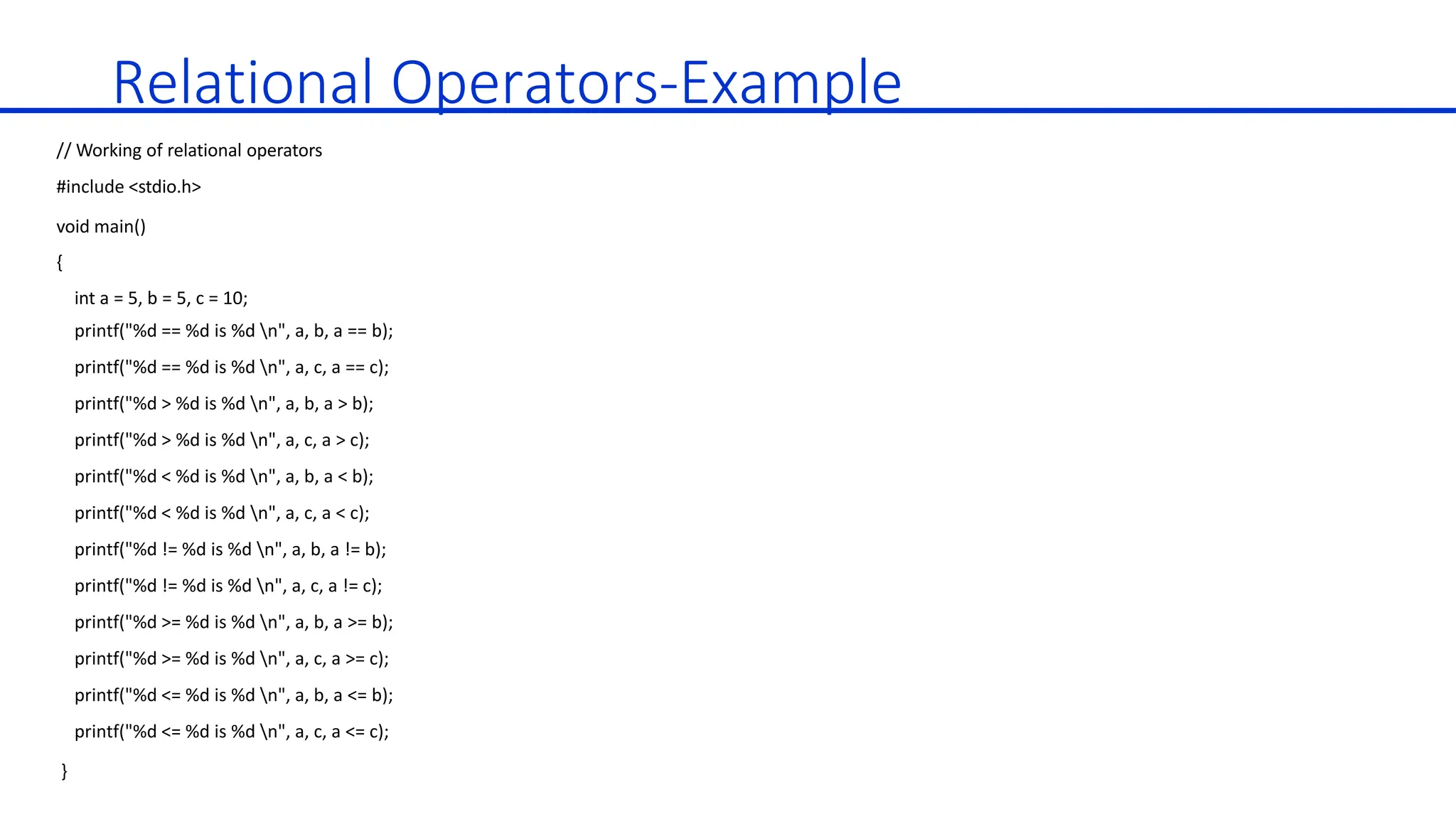 Relational Operators-Example
// Working of relational operators
#include <stdio.h>
void main()
{
int a = 5, b = 5, c = 10;
printf("%d == %d is %d n", a, b, a == b);
printf("%d == %d is %d n", a, c, a == c);
printf("%d > %d is %d n", a, b, a > b);
printf("%d > %d is %d n", a, c, a > c);
printf("%d < %d is %d n", a, b, a < b);
printf("%d < %d is %d n", a, c, a < c);
printf("%d != %d is %d n", a, b, a != b);
printf("%d != %d is %d n", a, c, a != c);
printf("%d >= %d is %d n", a, b, a >= b);
printf("%d >= %d is %d n", a, c, a >= c);
printf("%d <= %d is %d n", a, b, a <= b);
printf("%d <= %d is %d n", a, c, a <= c);
}
 