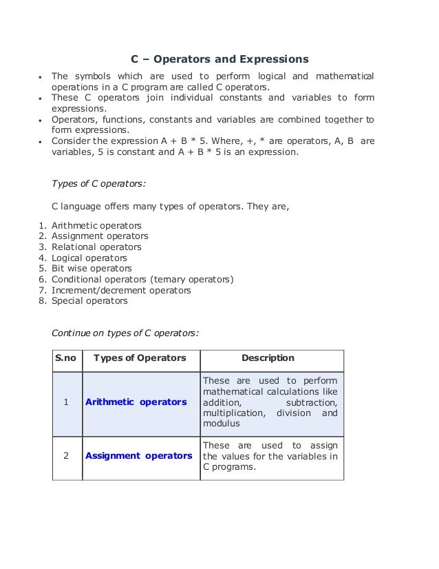 C Operators And Expressions C Operators And Expressions