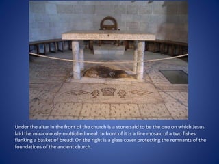 Under the altar in the front of the church is a stone said to be the one on which Jesus
laid the miraculously-multiplied meal. In front of it is a fine mosaic of a two fishes
flanking a basket of bread. On the right is a glass cover protecting the remnants of the
foundations of the ancient church.
 