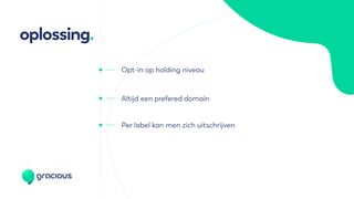 oplossing.
Altijd een prefered domain
Opt-in op holding niveau
Per label kan men zich uitschrijven
 