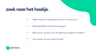 zoeknaarhethaakje.
Wat kunnen we doen om de beleving compleet te maken?
Hoe zorgen we voor (meer) omzet?
Welke relevante campagnes kunnen we versturen?
Welke behoeften heeft de ontvanger?
 