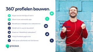 360˙profielenbouwen.
Klikt op een advertentie over tech bonnen
Bezoekt jouw webpagina over cadeaubonnen
Woont in een welvarende regio
Schrijft zich in voor de nieuwsbrief
Koopt een “MediaMarkt cadeaukaart”
Vind je Facebook-pagina leuk
Koopt wanneer het bijna te laat is
Mark
de Vries
Amsterdam
 