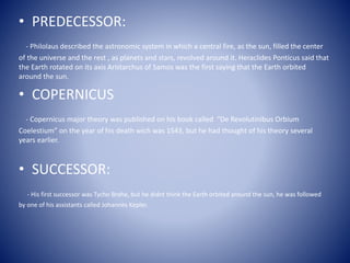 • PREDECESSOR: 
- Philolaus described the astronomic system in which a central fire, as the sun, filled the center 
of the universe and the rest , as planets and stars, revolved around it. Heraclides Ponticus said that 
the Earth rotated on its axis Aristarchus of Samos was the first saying that the Earth orbited 
around the sun. 
• COPERNICUS 
- Copernicus major theory was published on his book called “De Revolutinibus Orbium 
Coelestium” on the year of his death wich was 1543, but he had thought of his theory several 
years earlier. 
• SUCCESSOR: 
- His first successor was Tycho Brahe, but he didnt think the Earth orbited around the sun, he was followed 
by one of his assistants called Johannes Kepler. 
 