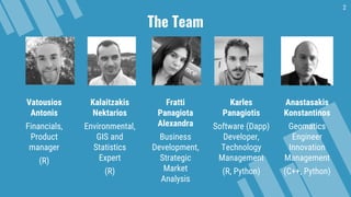 2
The Team
Vatousios
Antonis
Financials,
Product
manager
(R)
Kalaitzakis
Nektarios
Environmental,
GIS and
Statistics
Expert
(R)
Fratti
Panagiota
Alexandra
Business
Development,
Strategic
Market
Analysis
Karles
Panagiotis
Software (Dapp)
Developer,
Technology
Management
(R, Python)
Anastasakis
Konstantinos
Geomatics
Engineer
Innovation
Management
(C++, Python)
The Team
 