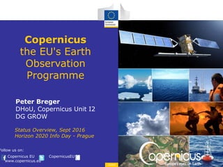 Copernicus EU CopernicusEU
www.copernicus.eu
Follow us on:
Space
Copernicus
the EU's Earth
Observation
Programme
Peter Breger
DHoU, Copernicus Unit I2
DG GROW
Status Overview, Sept 2016
Horizon 2020 Info Day - Prague
 