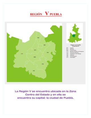REGIÓN     V PUEBLA




La Región V se encuentra ubicada en la Zona
       Centro del Estado y en ella se
 encuentra su capital: la ciudad de Puebla.
 