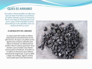 QUES ES ARRABIO
El arrabio y el hierro fundido son diferentes
tipos de metal. El arrabio es un producto
sin refinar obtenido a partir de mineral de
hierro, una etapa en el proceso para crear
acero. Luego, el hierro fundido se deriva
del arrabio que se ha refundido, junto con
chatarra de hierro y acero.
ELABORACION DEL ARRABIO
La mayor parte del arrabio se elabora
reduciendo el mineral de hierro en los
altos hornos. El coque o el carbón son los
agentes más comunes utilizados para
reducir el mineral. Los fabricantes de
arrabio o bien lo utilizan para hacer otros
metales o para revender a los clientes
externos para su fundición. El arrabio no
se utiliza con frecuencia para elaborar
utensilios de ningún tipo, ya que es débil
y frágil. Sin embargo, algunos artistas
usan arrabio para crear decoraciones
 