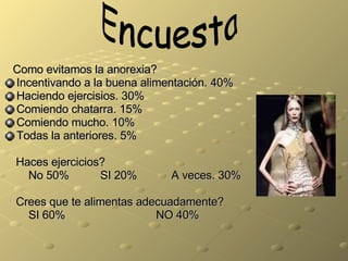 Como evitamos la anorexia? Incentivando a la buena alimentaci ó n. 40% Haciendo ejercisios. 30% Comiendo chatarra. 15%  Comiendo mucho. 10% Todas la anteriores. 5% Haces ejercicios? No 50%  SI 20%  A veces. 30%  Crees que te alimentas adecuadamente? SI 60%  NO 40% Encuesta 