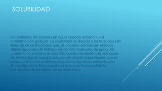 SOLUBILIDAD
Las proteínas son solubles en agua cuando adoptan una
conformación globular. La solubilidad es debida a los radicales (-R)
libres de los aminoácidos que, al ionizarse, establecen enlaces
débiles (puentes de hidrógeno) con las moléculas de agua. Así,
cuando una proteína se solubiliza queda recubierta de una capa
de moléculas de agua (capa de solvatación) que impide que se
pueda unir a otras proteínas lo cual provocaría su precipitación
(insolubilización). Esta propiedad es la que hace posible la
hidratación de los tejidos de los seres vivos.
 