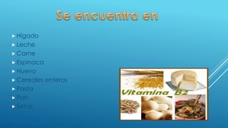  Hígado
 Leche
 Carne
 Espinaca
 Huevo
 Cereales enteros
 Pasta
 Pan
 Setas
 