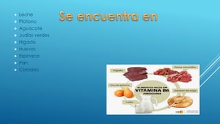  Leche
 Plátano
 Aguacate
 Judías verdes
 Hígado
 Huevos
 Espinaca
 Pan
 Cereales
 