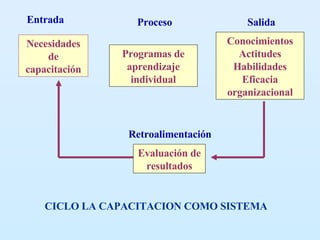 Necesidades de   capacitación Programas de aprendizaje individual Conocimientos Actitudes Habilidades Eficacia organizacional Evaluación de resultados Entrada Proceso Salida Retroalimentación CICLO LA CAPACITACION COMO SISTEMA 