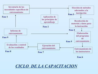 Inventario de las necesidades especificas de entrenamiento Informe de entrenamiento Evaluación y control de los resultados Ejecución del entrenamiento Entrenamiento de los instructores Elaboración del programa de entrenamiento Recolección de material y datos para la instrucción Elección de métodos adecuados a la instrucción Aplicación de los principios de aprendizaje Fase 3 Fase 4 Fase 5 Fase 6 Fase 7 Fase 8 Fase 9 Fase 1 Fase 2 CICLO  DE LA CAPACITACION 