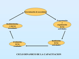Determinación de necesidades Programación y organización de las actividades Realización de las actividades Evaluación de los resultados Realimentación  y nuevas necesidades CICLO DINAMICO DE LA CAPACITACION 