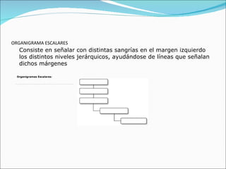ORGANIGRAMA ESCALARES Organigramas Escalares : Consiste en señalar con distintas sangrías en el margen izquierdo los distintos niveles jerárquicos, ayudándose de líneas que señalan dichos márgenes   