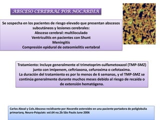 ABSCESO CEREBRAL POR NOCARDIA

Se sospecha en los pacientes de riesgo elevado que presentan abscesos
                  subcutáneos y lesiones cerebrales:
                   Absceso cerebral: multiloculado
                 Ventriculitis en pacientes con Shunt
                               Meningitis
           Compresión epidural de osteomielitis vertebral



         Tratamiento: Incluye generalmente el trimetoprim-sulfametoxazol (TMP-SMZ)
                  junto con imipenem, ceftriaxona, cefuroxima o cefotaxima.
          La duración del tratamiento es por lo menos de 6 semanas, y el TMP-SMZ se
          continúa generalmente durante muchos meses debido al riesgo de recaída o
                                  de extensión hematógena.




    Carlos Aboal y Cols.Absceso recidivante por Nocardia asteroides en una paciente portadora de poliglobulia
    primariarq. Neuro-Psiquiatr. vol.64 no.2b São Paulo June 2006
 