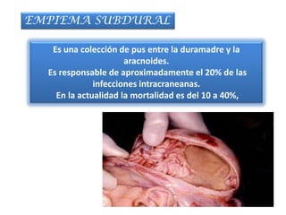 EMPIEMA SUBDURAL

   Es una colección de pus entre la duramadre y la
                      aracnoides.
  Es responsable de aproximadamente el 20% de las
              infecciones intracraneanas.
    En la actualidad la mortalidad es del 10 a 40%,
 