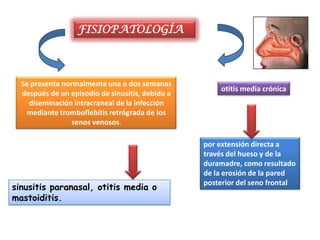 FISIOPATOLOGÍA




  Se presenta normalmente una o dos semanas
                                                      otitis media crónica
  después de un episodio de sinusitis, debido a
    diseminación intracraneal de la infección
   mediante tromboflebitis retrógrada de los
                 senos venosos.

                                                  por extensión directa a
                                                  través del hueso y de la
                                                  duramadre, como resultado
                                                  de la erosión de la pared
                                                  posterior del seno frontal
sinusitis paranasal, otitis media o
mastoiditis.
 