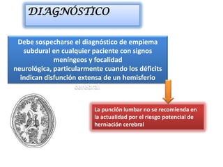 DIAGNÓSTICO

 Debe sospecharse el diagnóstico de empiema
   subdural en cualquier paciente con signos
             meníngeos y focalidad
neurológica, particularmente cuando los déficits
  indican disfunción extensa de un hemisferio
                    cerebral.


                          La punción lumbar no se recomienda en
                          la actualidad por el riesgo potencial de
                          herniación cerebral
 