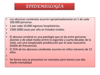 EPIDEMIOLOGÍA


• Los abscesos cerebrales ocurren aproximadamente en 1 de cada
  100.000 personas.
• 1 por cada 10.000 ingresos hospitalarios.
• 1500-2000 casos por año en Estados Unidos.
•
• El absceso cerebral es una patología que se da entre personas
  jóvenes o de edad media (entre la segunda y cuarta décadas de la
  vida), con una inexplicable predilección por el sexo masculino
  (Doble de frecuencia).
• El 25% de los abscesos cerebrales ocurren en niños menores de 15
  años.
•
• De forma rara se presentan en neonatos pero tienen una alta
  morbi-mortalidad
 
