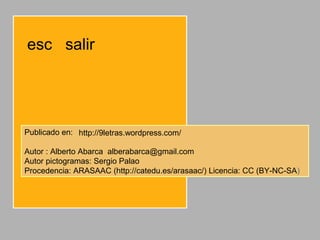 esc salir
Publicado en:
Autor : Alberto Abarca alberabarca@gmail.com
Autor pictogramas: Sergio Palao
Procedencia: ARASAAC (http://catedu.es/arasaac/) Licencia: CC (BY-NC-SA)
http://9letras.wordpress.com/
 