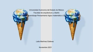 Laila Martínez Estévez
Noviembre 2021
Universidad Autonoma del Estado de México
Facultad de arquitectura y diseño
Unidad de Aprendizaje Pensamiento lógico matemático (Clave LDI 102)
 