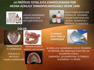 LA PRÓTESIS TOTAL ESTA CONFECCIONADA POR
RESINA ACRILICA TERMOPOLIMERIZABLE DESDE 1940.
LÍQUIDO MONÓMERO
COMPUESTO POR
METILMETACRILATO
POLVO COMPUESTO POR
ESFERAS DE POLIMERO
POLIMETILMETACRILATO
, GLICOL, PIGMENTOS Y
PERÓXIDO DE BENZOILO
COLOR
ROSADO-BLANCO-
DIENTES ARTIFICIALES
CON REJILLA
METÁLICA
Colada o prefabricada
TRANSPARENTE
O COMBINADA SE MEZCLA EL MONÓMERO CON EL POLIMERO
SE OBTIENE UNA MASA QUE PASA POR LAS
SIGUIENTES ETAPAS:
1)ARENOSA, 2)FILAMENTOSA, 3) TRABAJO,
4) GOMOSA Y 5) RÍGIDA.
3) TRABAJO
IDEAL PARA LA
COMPRESIÓN
 