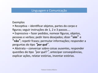 Linguagem!e!Comunicação!
Exemplos!
•!Recep7va!–!iden7ﬁcar!objetos,!partes!do!corpo!e!
ﬁguras;!seguir!instruções!de!1,!2!e!3!passos....!
•!Expressiva!–!fazer!pedidos,!nomear!ﬁguras,!objetos,!
pessoas!e!verbos;!pedir!itens!desejados;!dizer! sim e!
não ;!repe7r!frases;!permutar!informações;!responder!a!
perguntas!do!7po! por,quê .!
•!Abstrata!–!conversar!sobre!coisas!ausentes,!responder!
questões!do!7po! por*quê? ,!antecipar!conseqüências,!
explicar!ações,!relatar!estórias,!inventar!estórias.!
!!
!!
!
Ta#ane&Cris#na&Ribeiro&
 