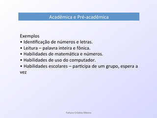 Acadêmica!e!PréQacadêmica!
Exemplos!
•!Iden7ﬁcação!de!números!e!letras.!
•!Leitura!–!palavra!inteira!e!fônica.!
•!Habilidades!de!matemá7ca!e!números.!
•!Habilidades!de!uso!do!computador.!
•!Habilidades!escolares!–!par7cipa!de!um!grupo,!espera!a!
vez!
!
!!
!
Ta#ane&Cris#na&Ribeiro&
 