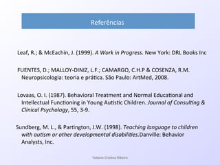 !!!Leaf,!R.;!&!McEachin,!J.!(1999).!A*Work*in*Progress.!New!York:!DRL!Books!Inc!
!!!!!!!
!!!FUENTES,!D.;!MALLOYQDINIZ,!L.F.;!CAMARGO,!C.H.P!&!COSENZA,!R.M.!
Neuropsicologia:!teoria!e!prá7ca.!São!Paulo:!ArtMed,!2008.!
!
!!!Lovaas,!O.!I.!(1987).!Behavioral!Treatment!and!Normal!Educa7onal!and!
Intellectual!Func7oning!in!Young!Au7s7c!Children.!Journal*of*Consul=ng*&*
Clinical*Psychology,!55,!3Q9.!
!
!!Sundberg,!M.!L.,!&!Par7ngton,!J.W.!(1998).!Teaching*language*to*children*
with*au=sm*or*other*developmental*disabili=es.Danville:!Behavior!
Analysts,!Inc.!
!
!!
Referências!
Ta#ane&Cris#na&Ribeiro&
 