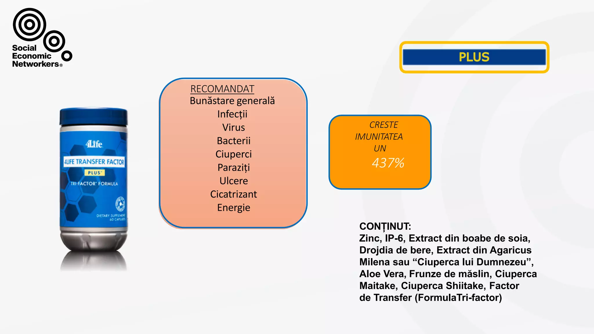 CRESTE
IMUNITATEA
UN
437%
TRI-FACTORPLUS
Bunăstare generală
Infecții
Virus
Bacterii
Ciuperci
Paraziți
Ulcere
Cicatrizant
Energie
RECOMANDAT
CONȚINUT:
Zinc, IP-6, Extract din boabe de soia,
Drojdia de bere, Extract din Agaricus
Milena sau “Ciuperca lui Dumnezeu”,
Aloe Vera, Frunze de măslin, Ciuperca
Maitake, Ciuperca Shiitake, Factor
de Transfer (FormulaTri-factor)
 