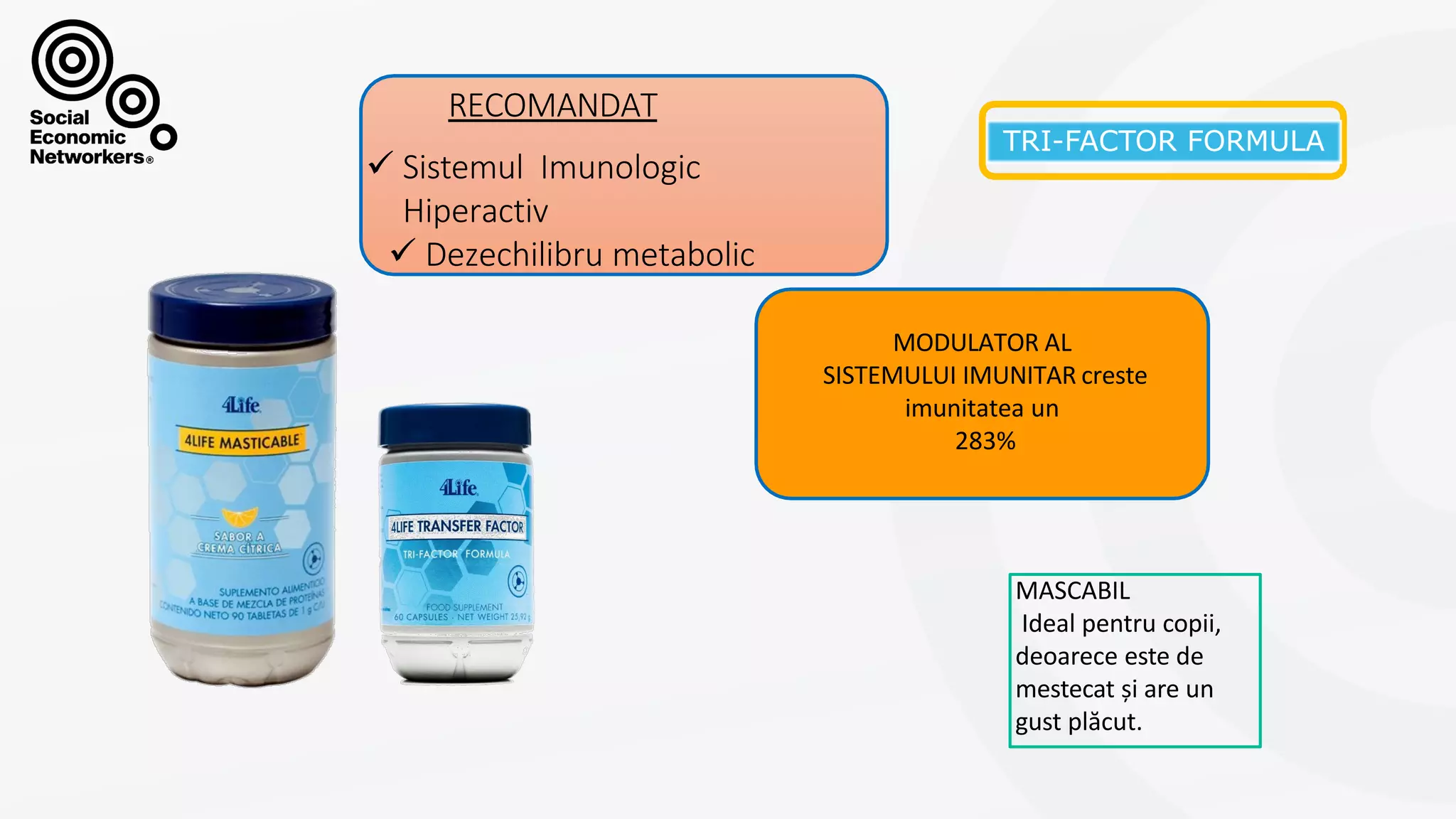 TRI-FACTOR
RECOMANDAT
 Sistemul Imunologic
Hiperactiv
 Dezechilibru metabolic
MODULATOR AL
SISTEMULUI IMUNITAR creste
imunitatea un
283%
MASCABIL
Ideal pentru copii,
deoarece este de
mestecat și are un
gust plăcut.
 