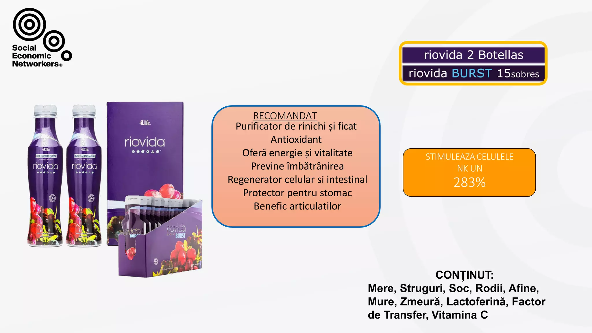 Purificator de rinichi și ficat
Antioxidant
Oferă energie și vitalitate
Previne îmbătrânirea
Regenerator celular si intestinal
Protector pentru stomac
Benefic articulatilor
RECOMANDAT
STIMULEAZACELULELE
NK UN
283%
CONȚINUT:
Mere, Struguri, Soc, Rodii, Afine,
Mure, Zmeură, Lactoferină, Factor
de Transfer, Vitamina C
 