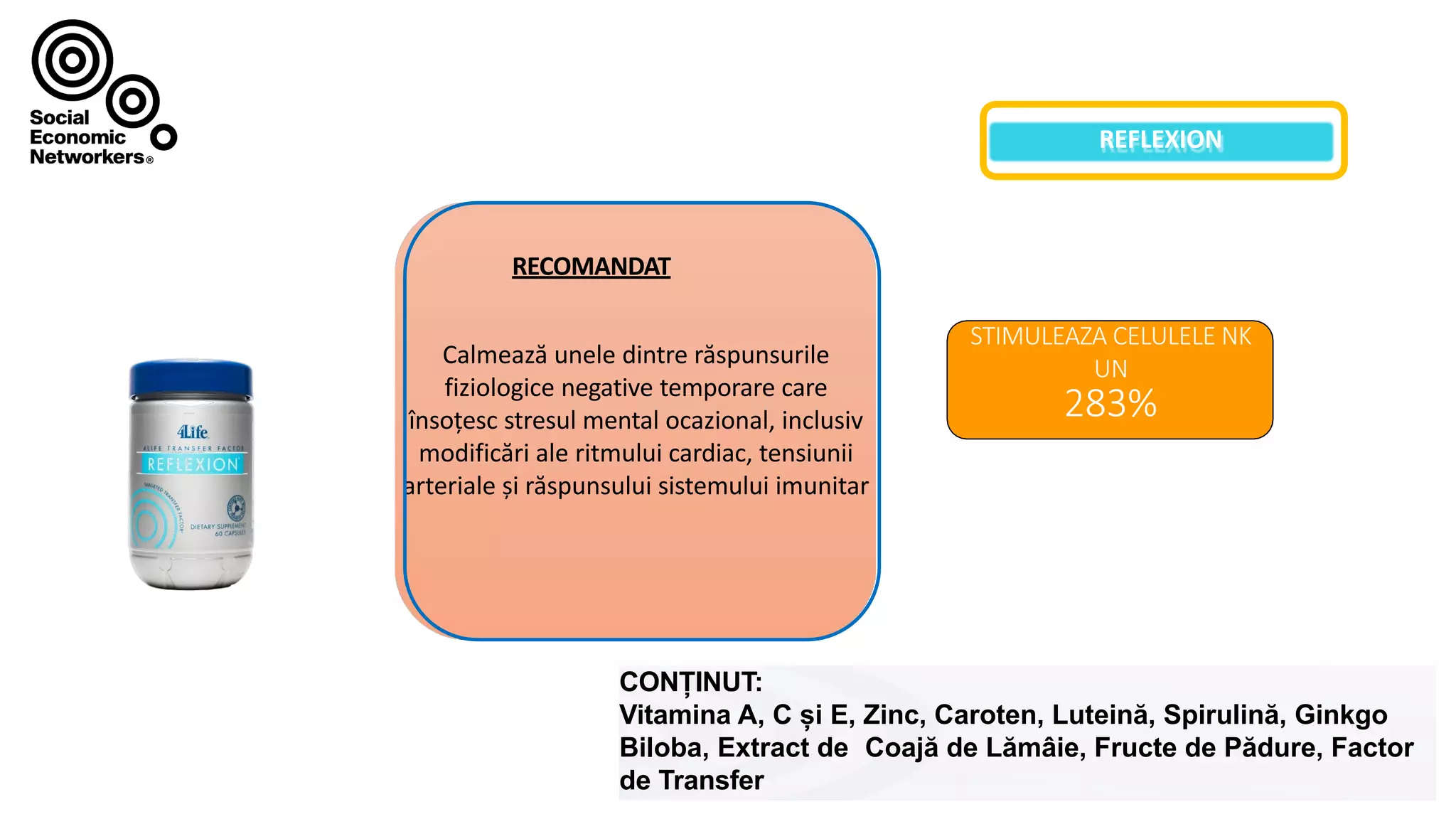 CONȚINUT:
Vitamina A, C și E, Zinc, Caroten, Luteină, Spirulină, Ginkgo
Biloba, Extract de Coajă de Lămâie, Fructe de Pădure, Factor
de Transfer
REFLEXION
STIMULEAZA CELULELE NK
UN
283%
Calmează unele dintre răspunsurile
fiziologice negative temporare care
însoțesc stresul mental ocazional, inclusiv
modificări ale ritmului cardiac, tensiunii
arteriale și răspunsului sistemului imunitar
RECOMANDAT
 