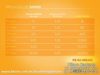 Pessoas indicadas
por você
2% (pacote Bronze
R$ 160,00) GANHO MENSAL
 