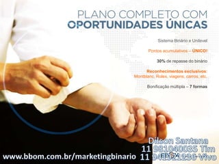 Sistema Binário e Unilevel
Pontos acumulativos – ÚNICO!
30% de repasse do binário
Reconhecimentos exclusivos:
Montblanc, Rolex, viagens, carros, etc.
Bonificação múltipla – 7 formas
 