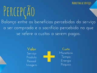 Percepção

Marketing de serviços

Balanço entre os benefícios percebidos do serviço
a ser comprado e o sacrifício percebido no que
se refere a custos a serem pagos.
Valor
Serviço
Produto
Pessoal
Imagem

Custo
Monetário
Tempo
Energia
Psíquico

 