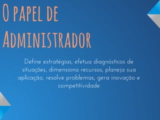 O papel de
Administrador
Define estratégias, efetua diagnósticos de
situações, dimensiona recursos, planeja sua
aplicação, resolve problemas, gera inovação e
competitividade

 