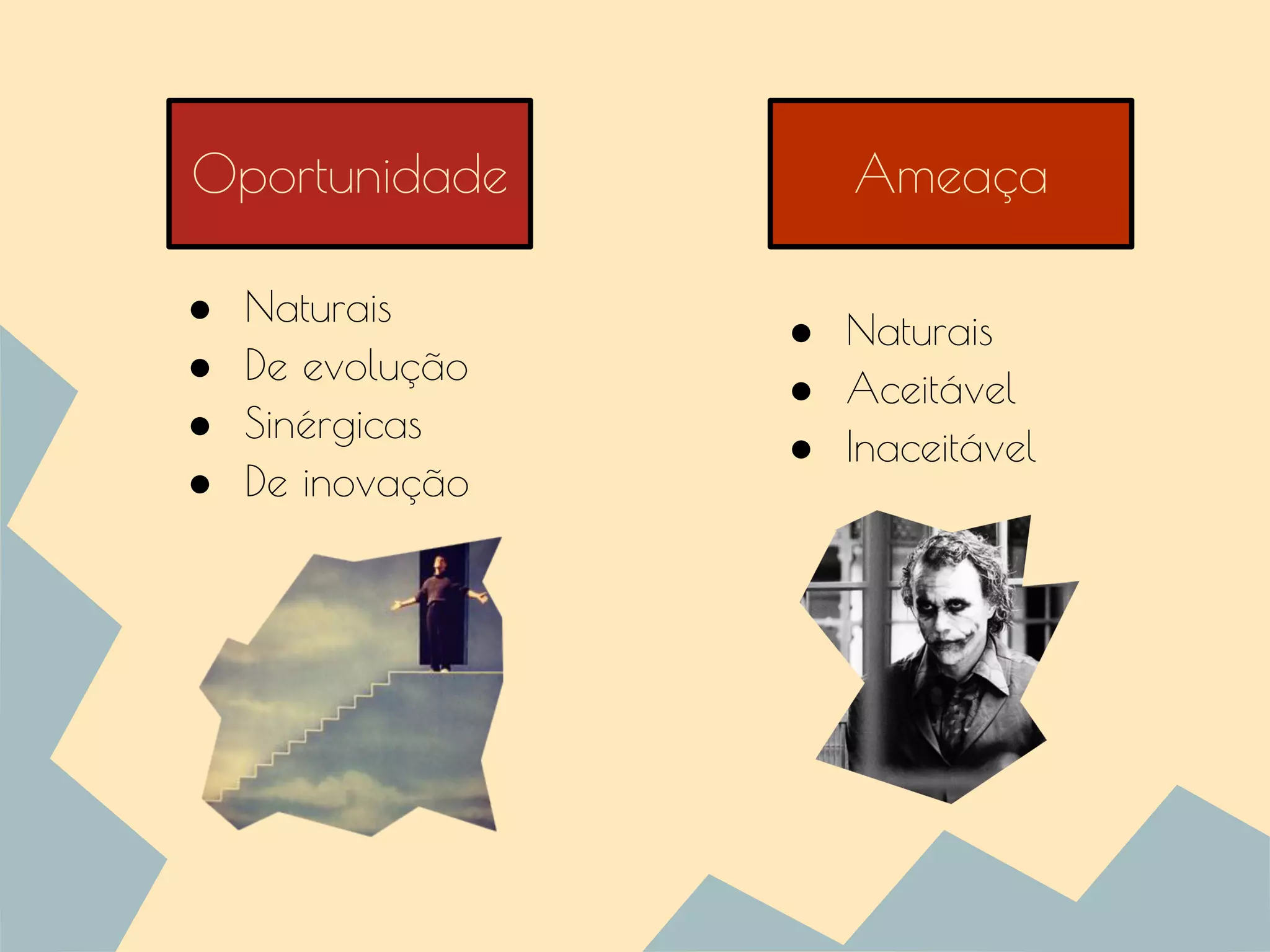 Oportunidade Ameaça
● Naturais
● De evolução
● Sinérgicas
● De inovação
● Naturais
● Aceitável
● Inaceitável