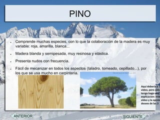 PINO

●   Comprende muchas especies, con lo que la colaboración de la madera es muy
    variable: roja, amarilla, blanca...
●   Madera blanda y semipesada, muy resinosa y elástica.
●   Presenta nudos con frecuencia.
●   Fácil de mecanizar en todos los aspectos (taladro, tomeado, cepillado...), por
    los que se usa mucho en carpintería.


                                                                              Aquí debería ir u
                                                                              video, pero como
                                                                              tengo hago una b
                                                                              explicación: inse
                                                                              video y la opción
                                                                              desees de las 3



    ANTERIOR                                                        SIGUIENTE
 