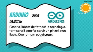 Roger Olivella
19
ARDUINO 2005
Objectiu:
Posar a l’abast de tothom la tecnologia,
tant senzill com fer servir un pinzell o un
llapis. Que tothom pugui crear.
19
 