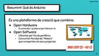 Roger Olivella
27
Resumint: Què és Arduino
27
És una plataforma de creació que combina
● Open Hardware
- És estandar i qualsevol pot fabricar-lo
● Open Software
- Llibreries per l’ús de perifèrics
- Comunitat Mundial de “Makers”
que comparteix els seus projectes
Baix Cost (2 - 60 €)
 
