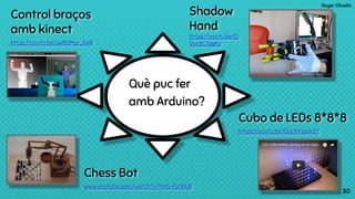 Roger Olivella
3030
Control braços
amb kinect
https://youtu.be/JwBDMqr_heA
Shadow
Hand
https://youtu.be/O
0yz3C7ggKs
Què puc fer
amb Arduino?
Chess Bot
www.youtube.com/watch?v=tmG-FJrXAj8
Cubo de LEDs 8*8*8
https://youtu.be/GUcX41pokZY
 
