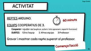 Roger Olivella
36
ACTIVITAT
36
REPTES ARDUINO.
EQUIPS COOPERATIUS DE 3.
Cooperar = ajudar-se (explicar, aclarir, tots aprenem, repartir funcions)
DUBTES: 1.Dins l’equip 2. Altres equips 3.Professor
Gravar i mostrar cada repte superat al professor.
Comença l’acció
60 minuts
 
