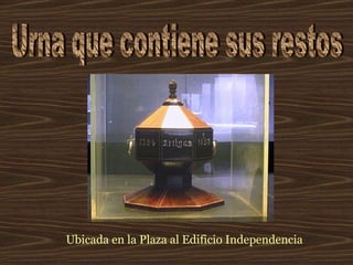Urna que contiene sus restos Ubicada en la  Plaza al Edificio Independencia  