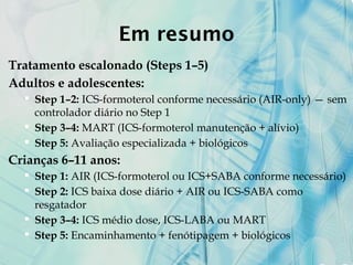 Em resumo
Tratamento escalonado (Steps 1–5)
Adultos e adolescentes:
 Step 1–2: ICS-formoterol conforme necessário (AIR-only) — sem
controlador diário no Step 1
 Step 3–4: MART (ICS-formoterol manutenção + alívio)
 Step 5: Avaliação especializada + biológicos
Crianças 6–11 anos:
 Step 1: AIR (ICS-formoterol ou ICS+SABA conforme necessário)
 Step 2: ICS baixa dose diário + AIR ou ICS-SABA como
resgatador
 Step 3–4: ICS médio dose, ICS-LABA ou MART
 Step 5: Encaminhamento + fenótipagem + biológicos
 